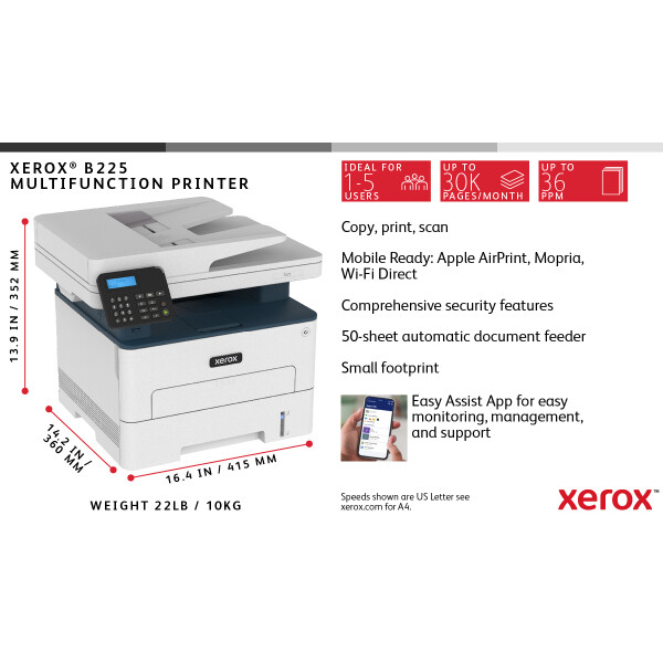 Xerox B225 A4 34 ppm draadloze dubbelzijdige printer PS3 PCL5e/6 ADF 2 laden totaal 251 vel