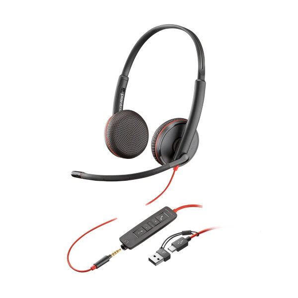 Poly Blackwire 3225 stereo USB-C-headset + 3,5 mm stekker + USB-C/A-adapter (bulk)